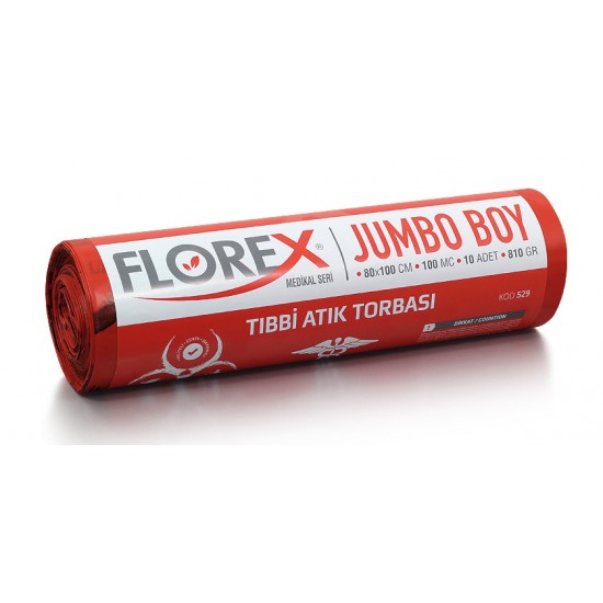 Florex Tıbbi Atık Baskılı Jumbo Boy Çöp Torbası Kırmızı 80 x 110 cm