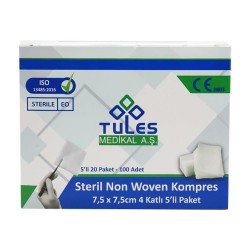 Tules Steril Non Woven Kompress Gazlı Bez	7,5x7,5 cm 4 Katlı	5'li paket 100 adet